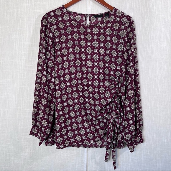 Halogen Side Cinch Hem Printed Lightweight Button Cuff Blouse Top Size S - Picture 1 of 12